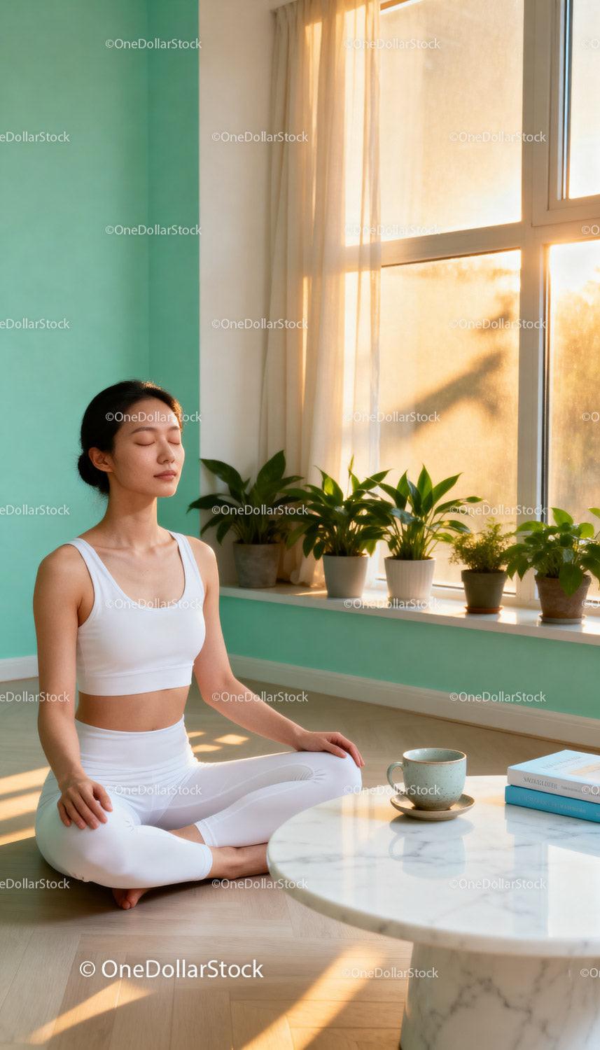 Young woman meditating peacefully near sunlit window