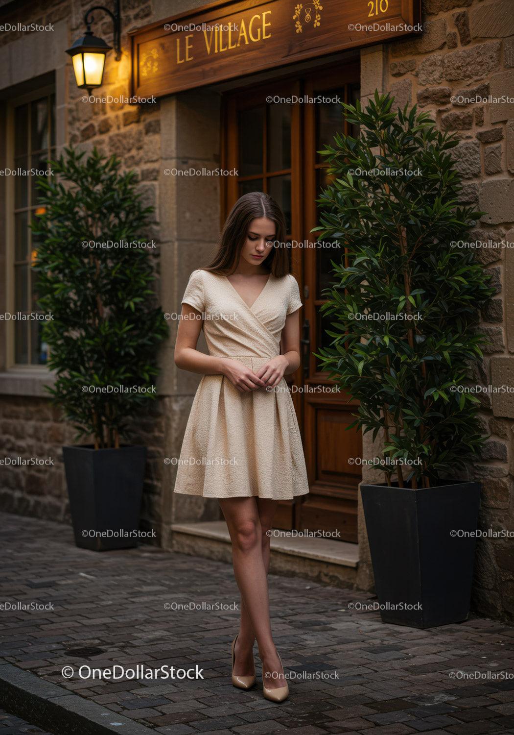 Elegant Woman in Beige Dress Walking on Cobblestone Street in City