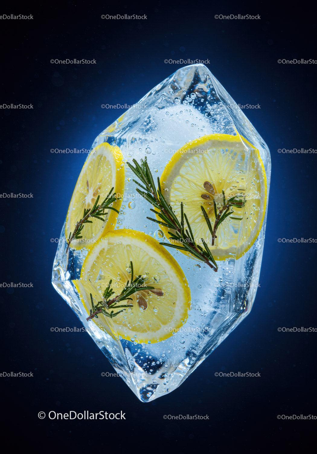 Refreshing lemon slices and rosemary frozen in ice cube