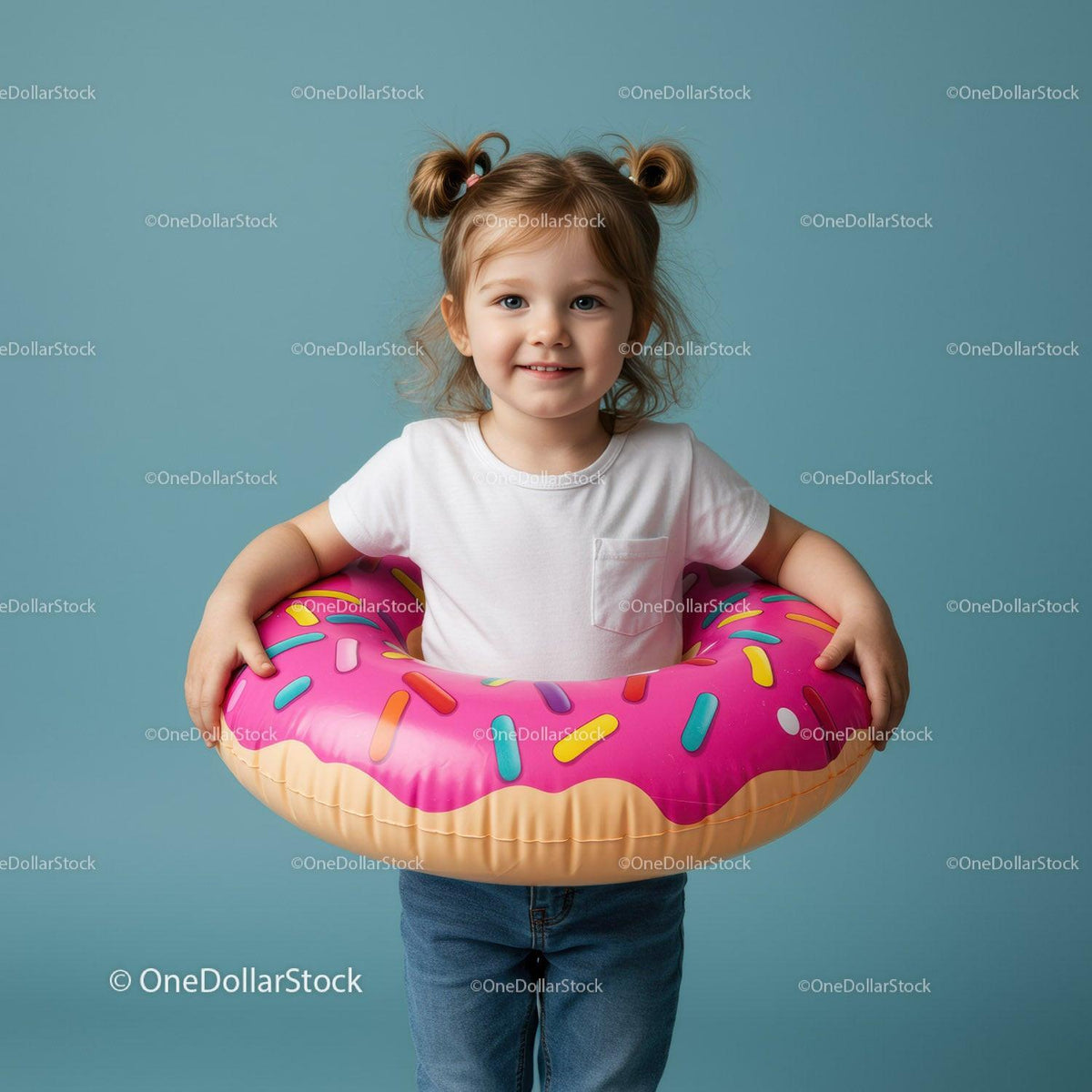 Smiling toddler girl with inflatable donut swim ring