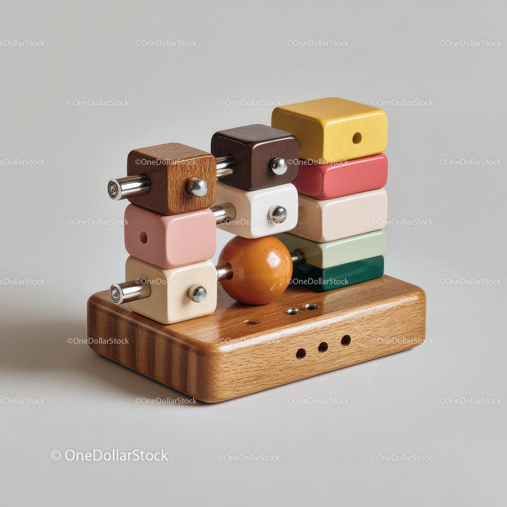 Wooden stacking toy with colorful blocks and round bead on wooden base