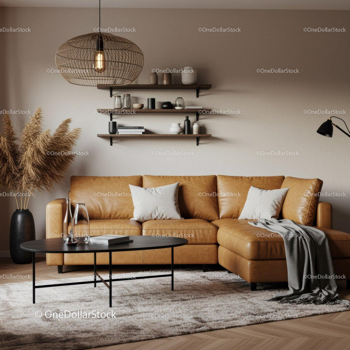 Cozy modern living room with leather sectional sofa