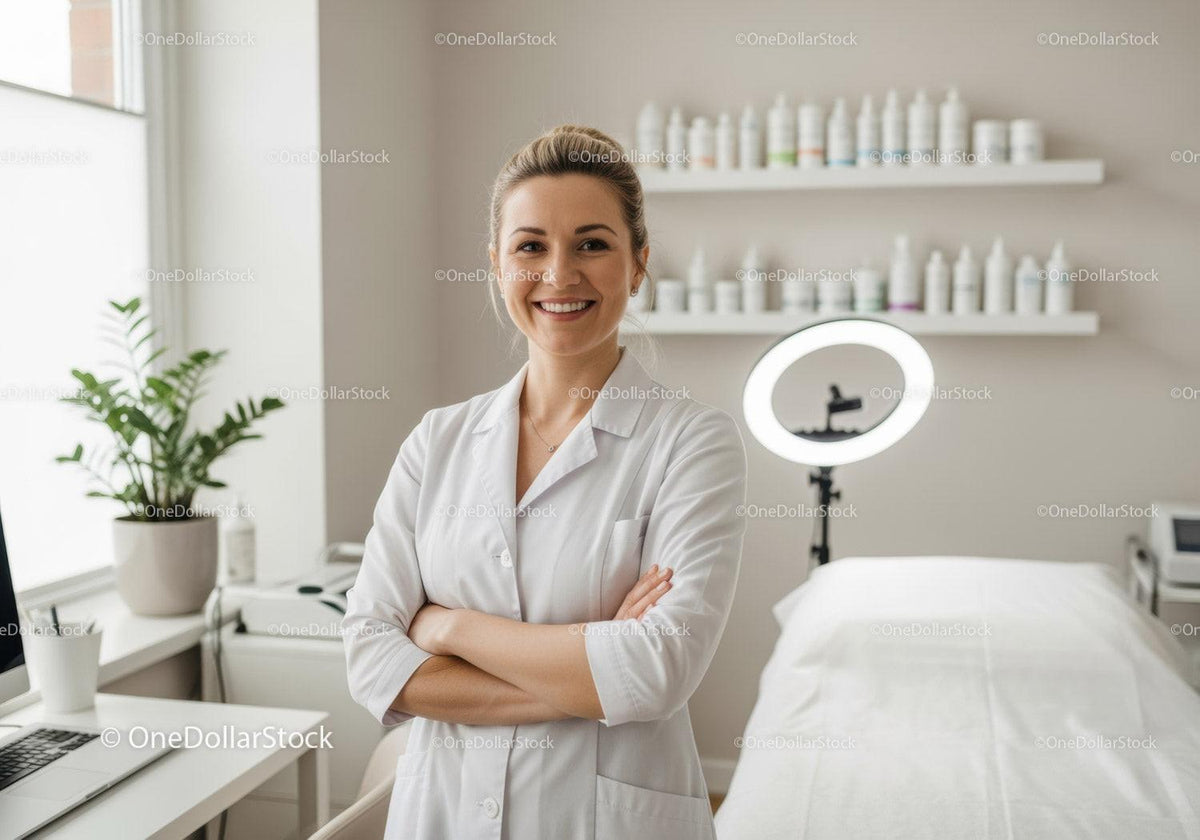 Professional Female Doctor Standing Confidently in Modern Medical Clinic