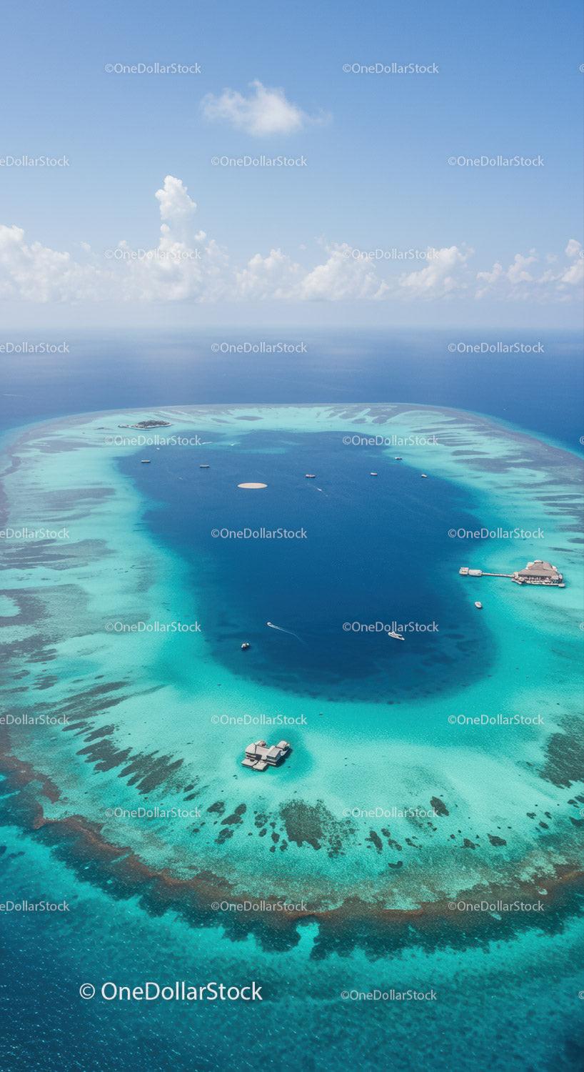 Stunning Aerial View of Turquoise Lagoon and Island with Boats and Resorts