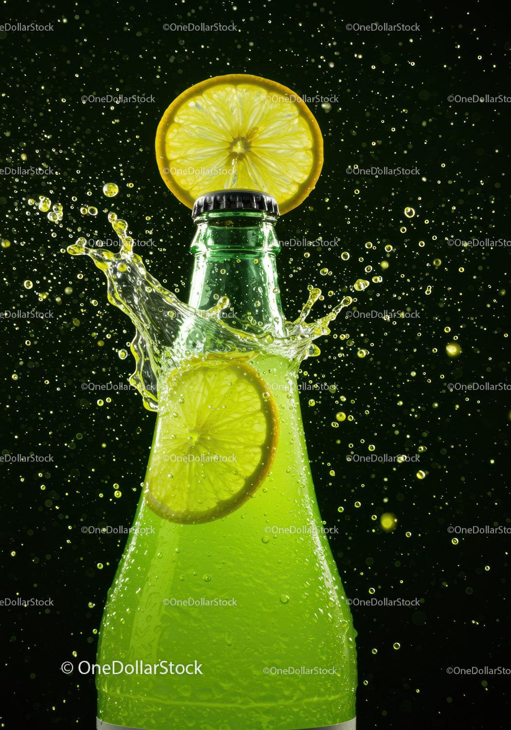 Lemon slice splash on green soda bottle neck
