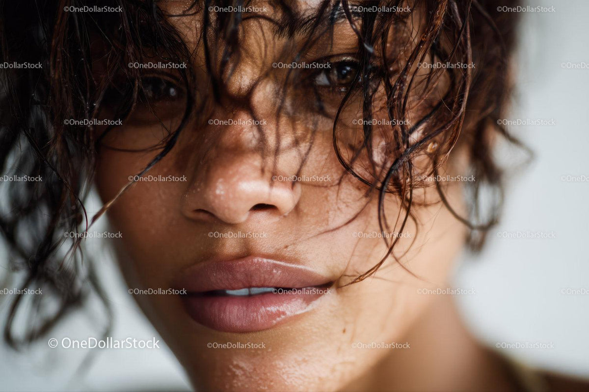 Close-up of a Woman with Wet Curly Hair and Expressive Eyes