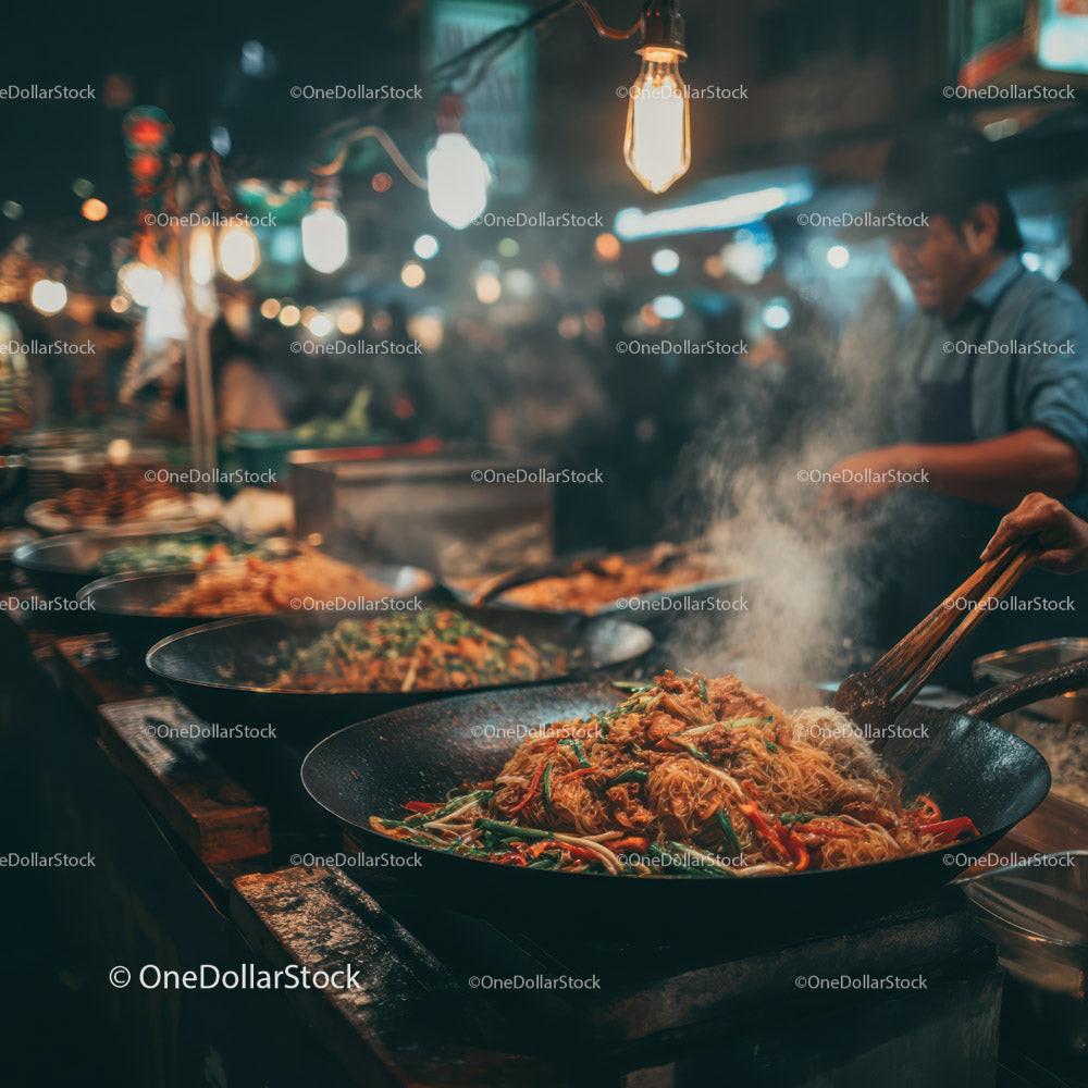 Stir-frying noodles at a bustling Asian street food market