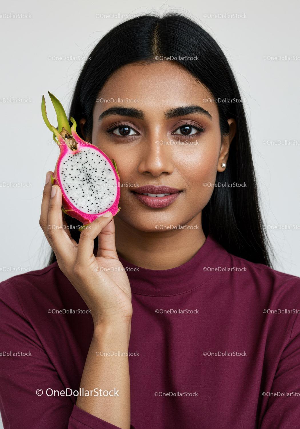 Beautiful Woman Holding Fresh Dragon Fruit for Skincare and Wellness