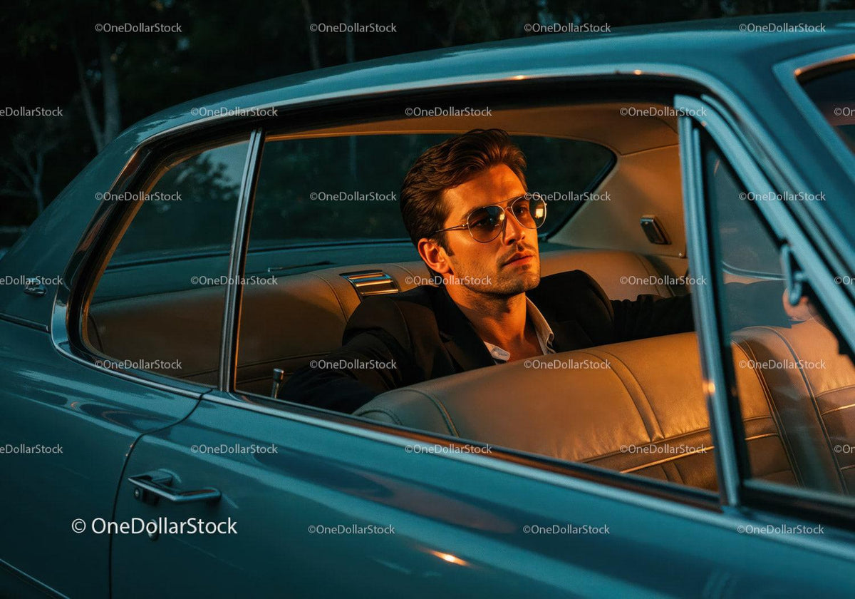 Stylish Man in Sunglasses Sitting in Classic Vintage Car at Sunset Stock Photo Bundle preview 11