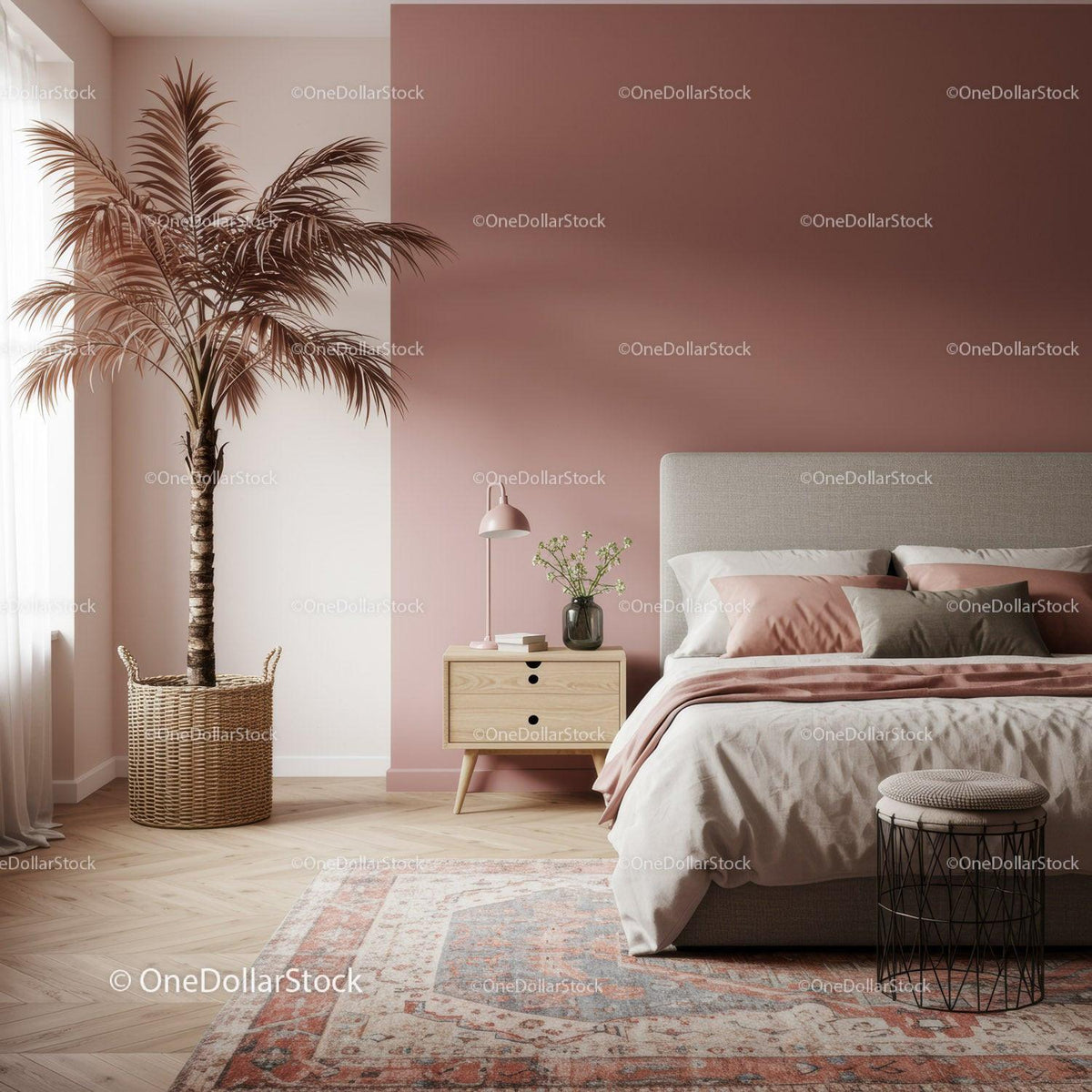 Stylish Modern Bedroom with Pink Accent Wall and Cozy Decor