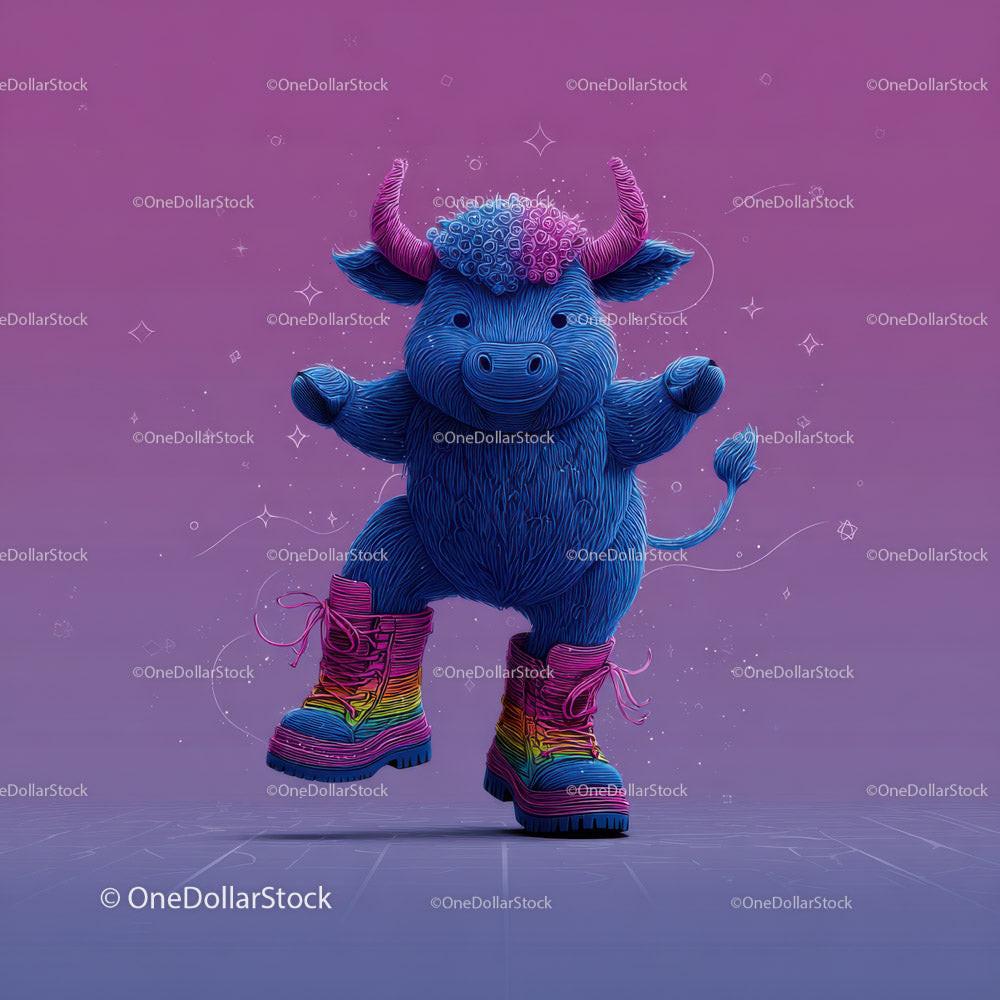Blue bull with curly pink hair wearing rainbow-striped boots on purple background