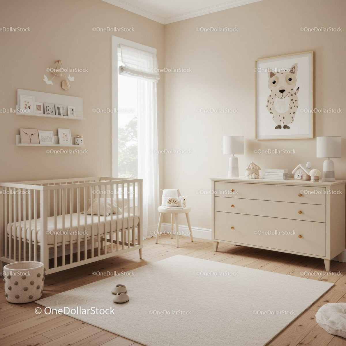 Bright and Cozy Baby Nursery with Beige Walls and Wooden Furniture