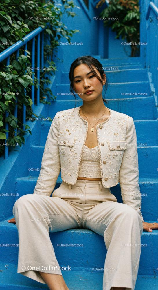 Chic Young Woman Sitting on Blue Stairs in Urban Environment Stock Photo Bundle preview 9
