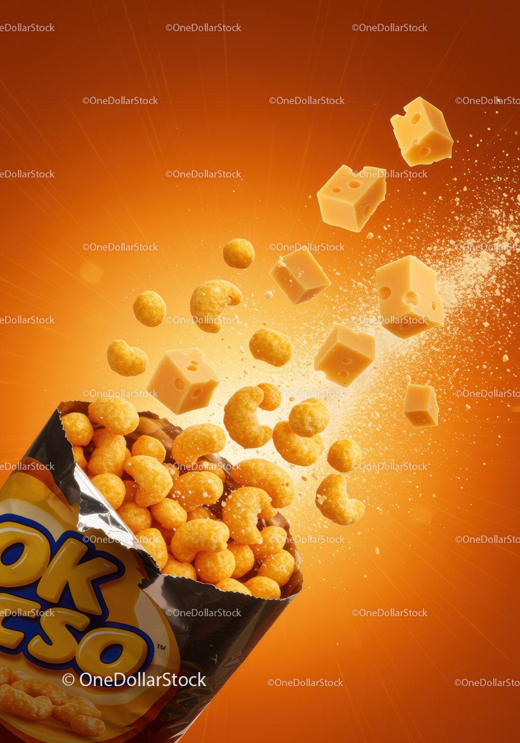 Cheese Flavored Snacks Bursting From Open Bag