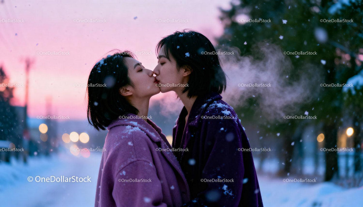 Couple sharing a tender kiss in snowy winter sunset