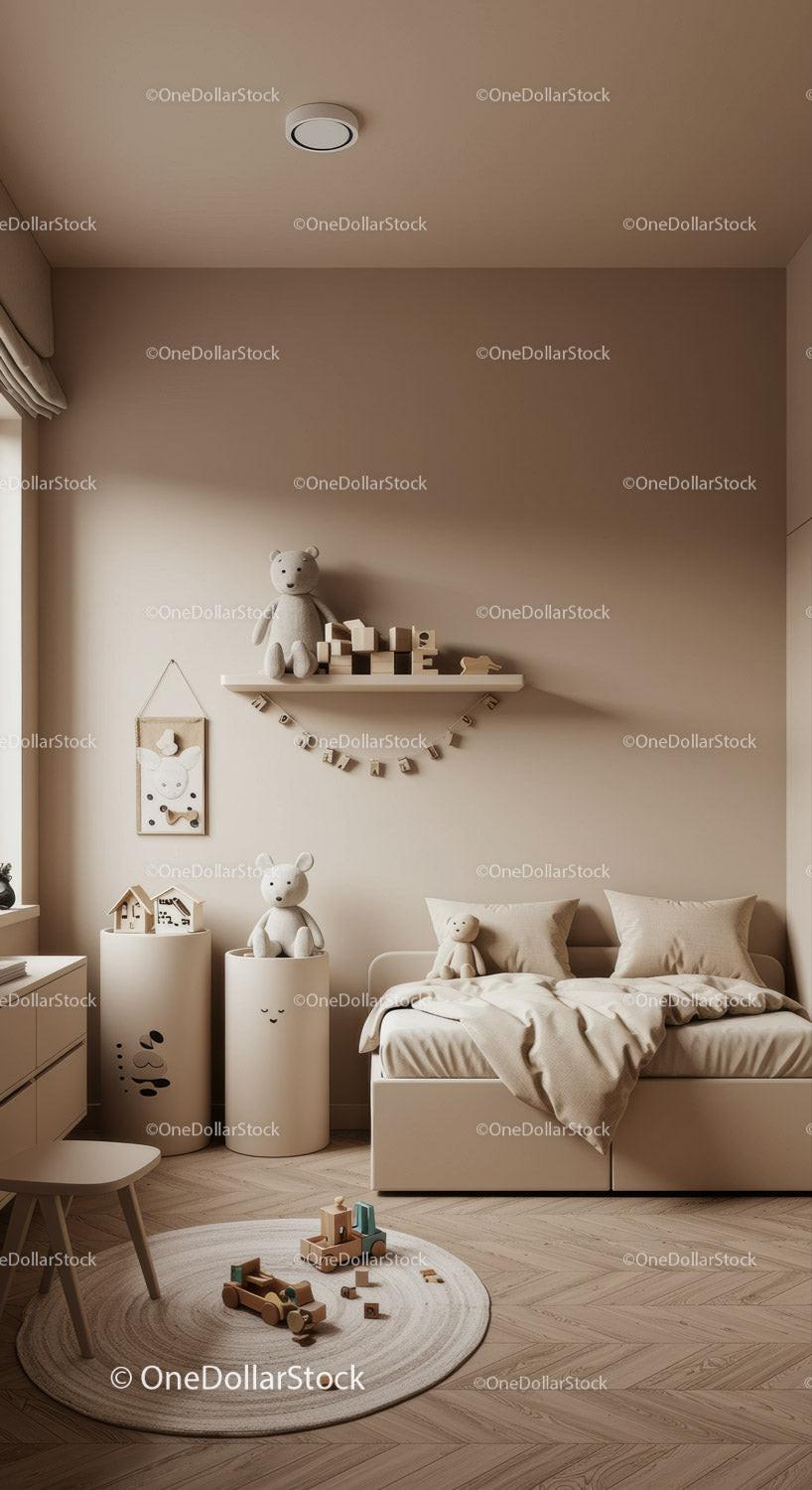 Cozy Children's Bedroom with Soft Beige Decor and Wooden Toys