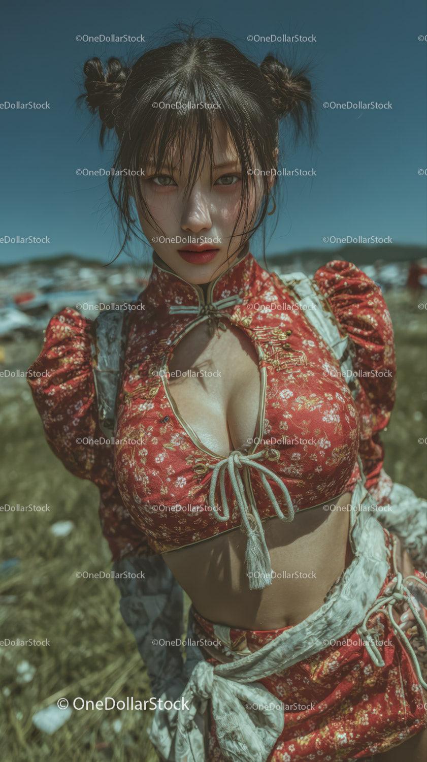 Fashionable Woman in Red Floral Kimono Outdoor Portrait