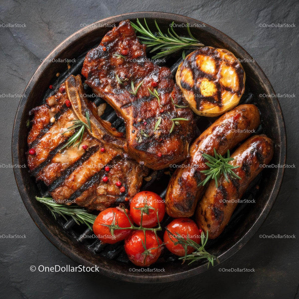 Grilled Steak and Sausages with Cherry Tomatoes and Rosemary