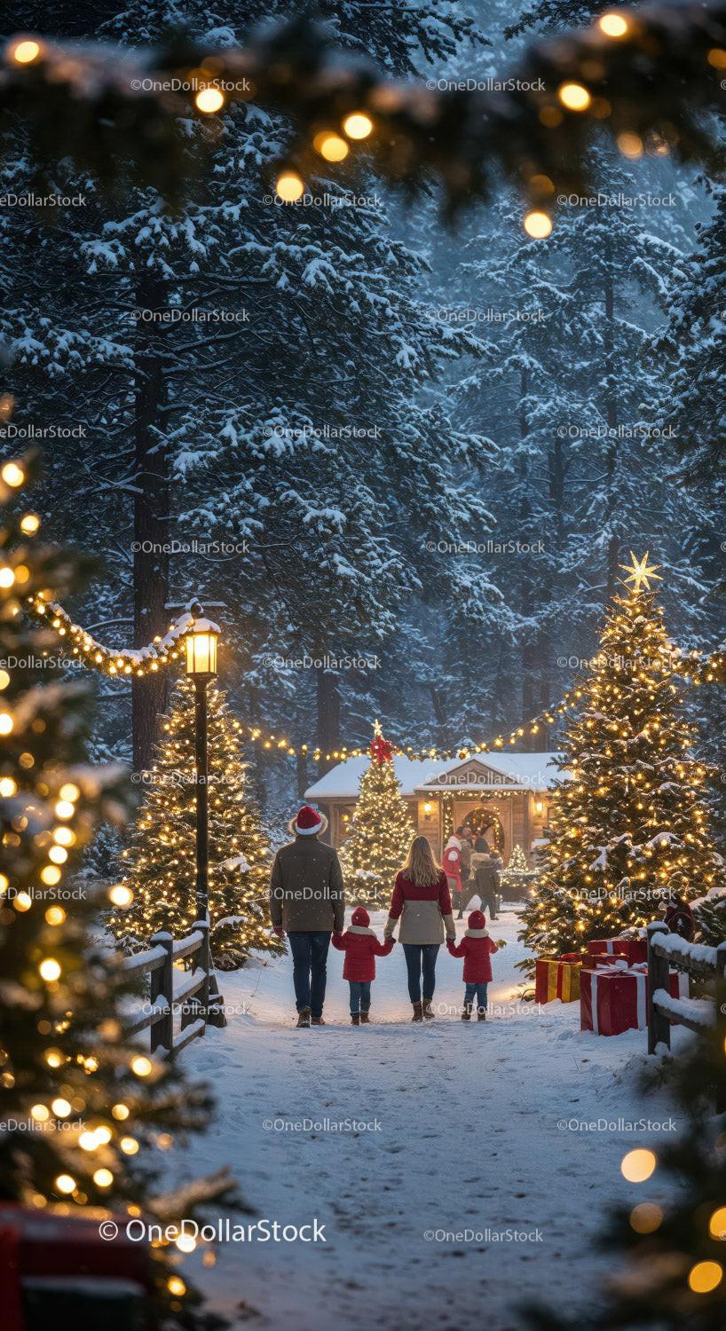 Family walking through festive snowy Christmas forest path