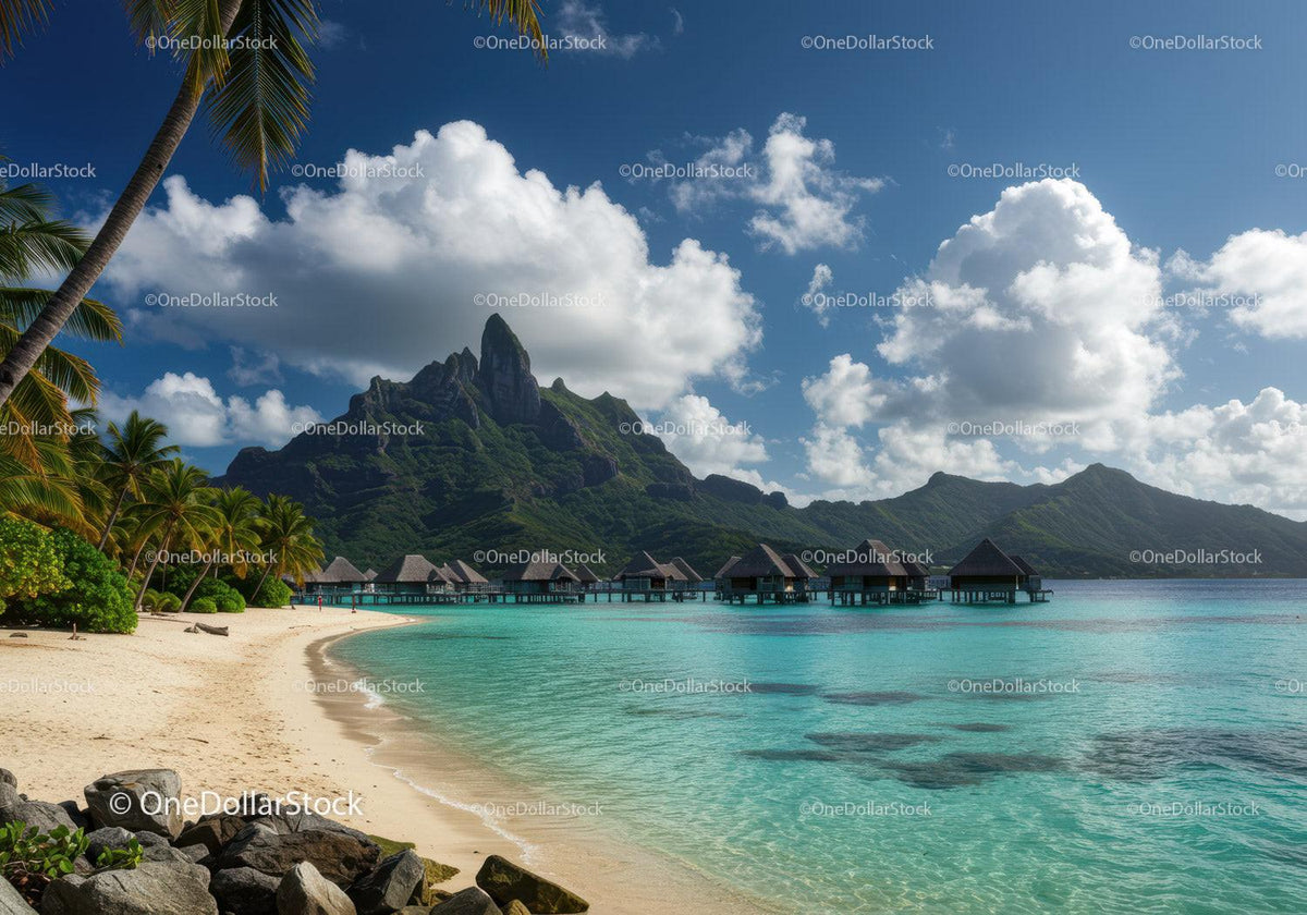 Tropical Beach with Overwater Bungalows and Mountain View