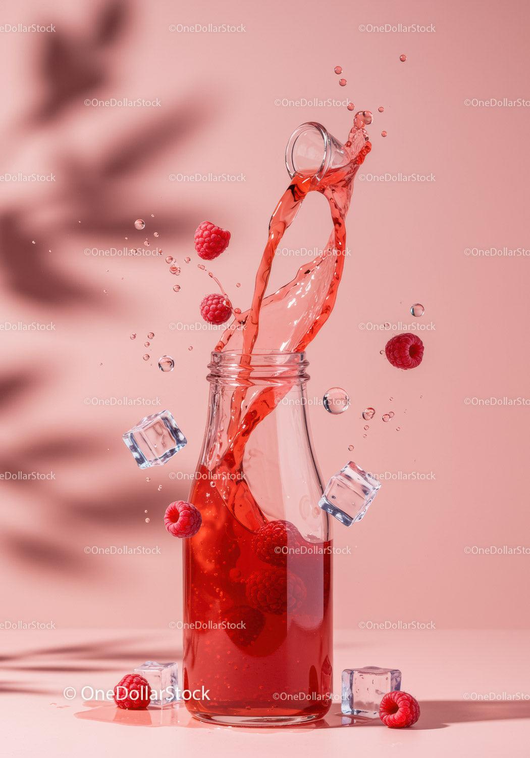Refreshing Raspberry Juice Splash in Glass Bottle