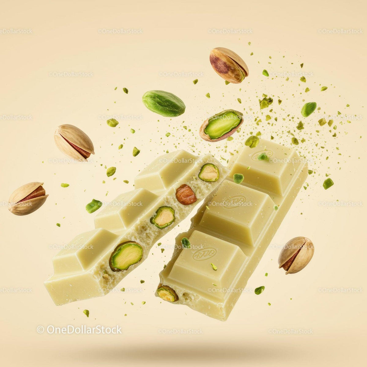 Broken white chocolate bar with pistachios flying
