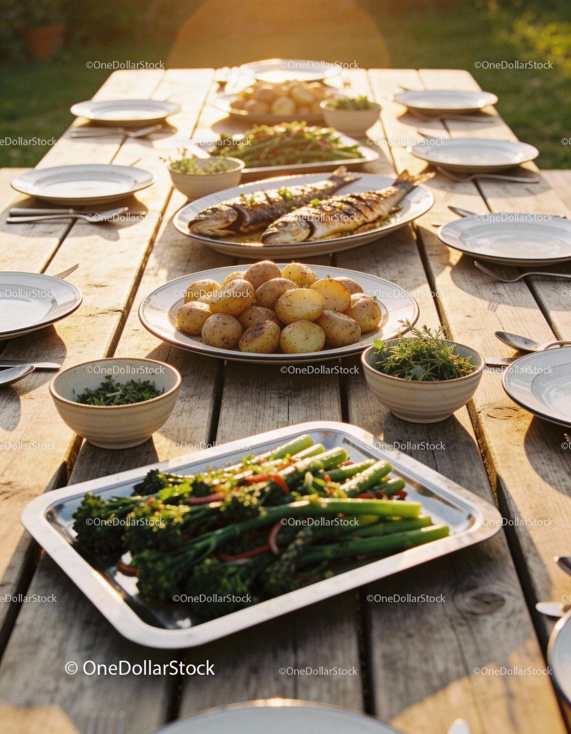 Outdoor rustic dining table with fresh grilled fish and vegetables