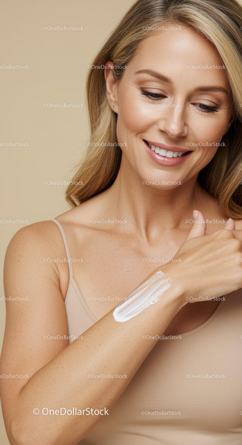 Beautiful Young Woman Applying Moisturizer with Soft Lighting