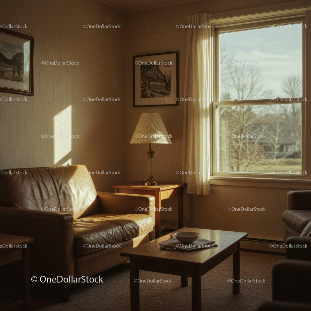 Cozy Living Room with Sunlight Streaming Through Large Window