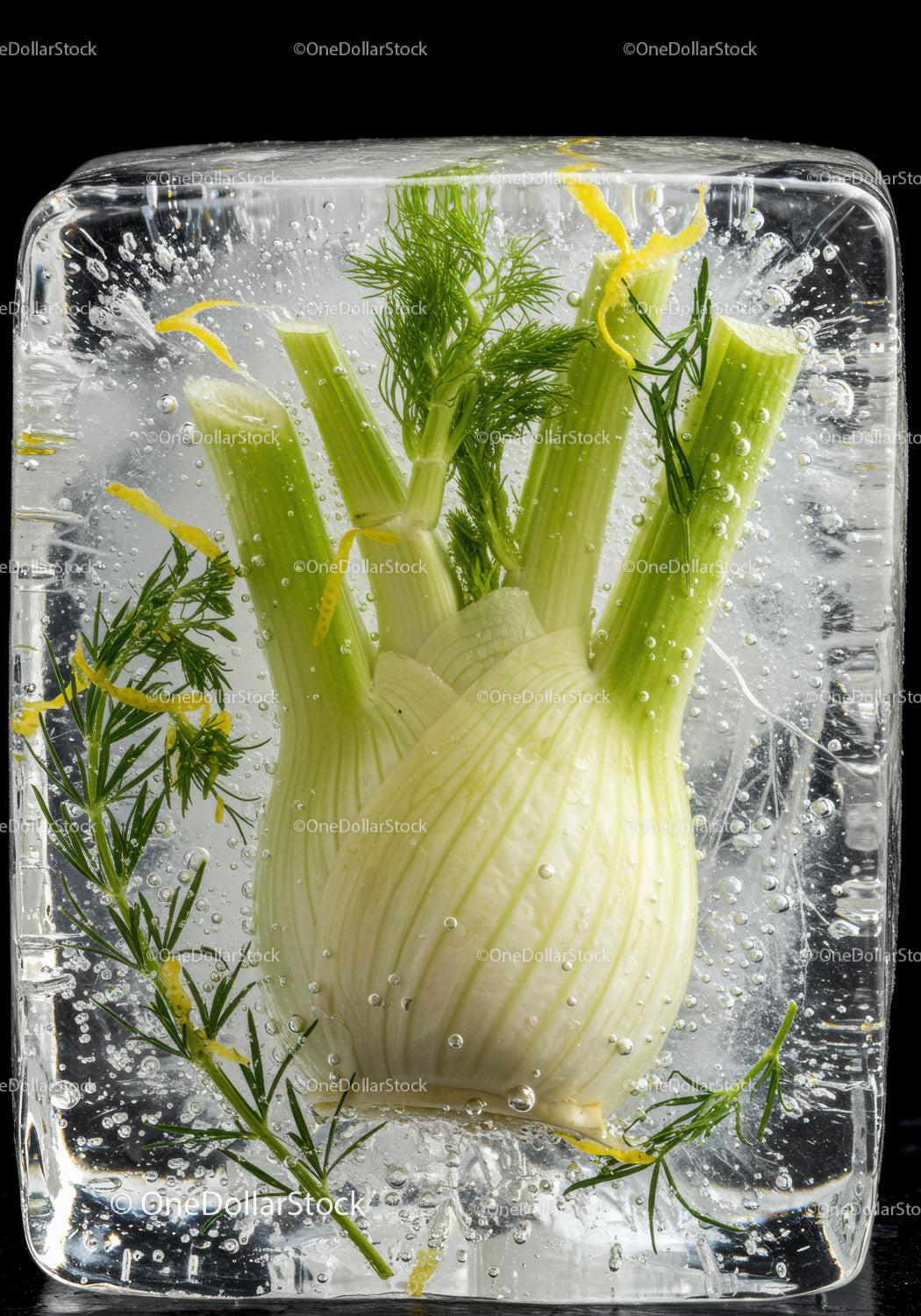 Fresh fennel bulb and herbs frozen in ice cube