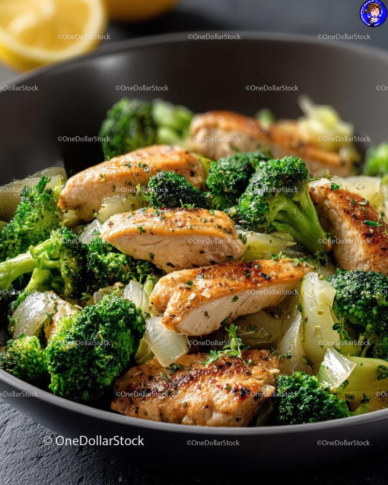 Healthy Grilled Chicken with Broccoli and Onion in a Black Bowl