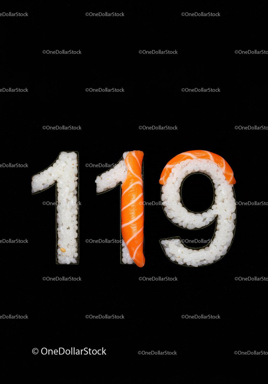 Creative sushi numbers 119 with salmon on black background