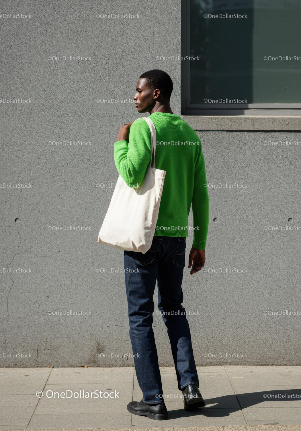 Young Man in Green Sweater and Jeans Carrying Tote Bag Outdoors JPG Mockup Image preview