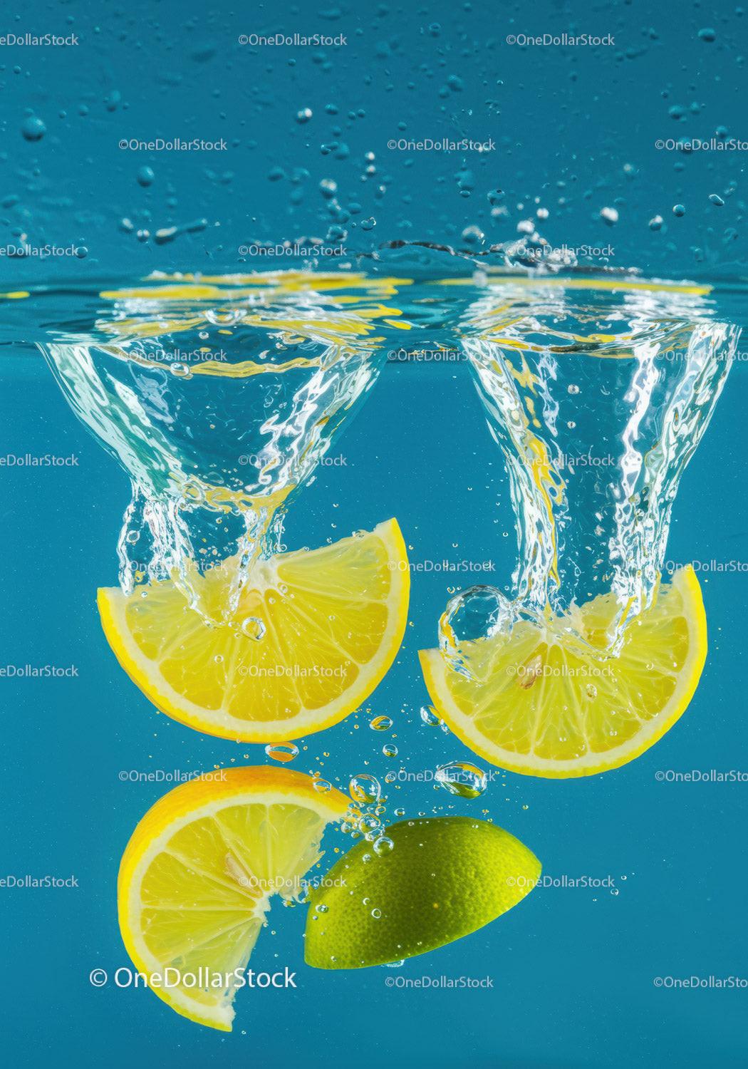 Fresh citrus slices plunging into clear water