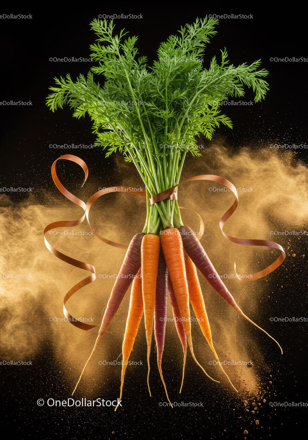 Fresh colorful carrots tied with ribbon on dark background