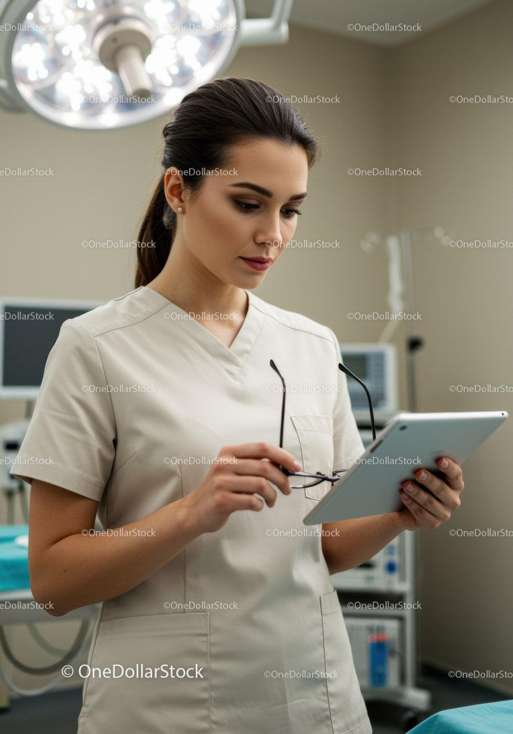 Young Female Healthcare Professional Using Tablet in Modern Hospital