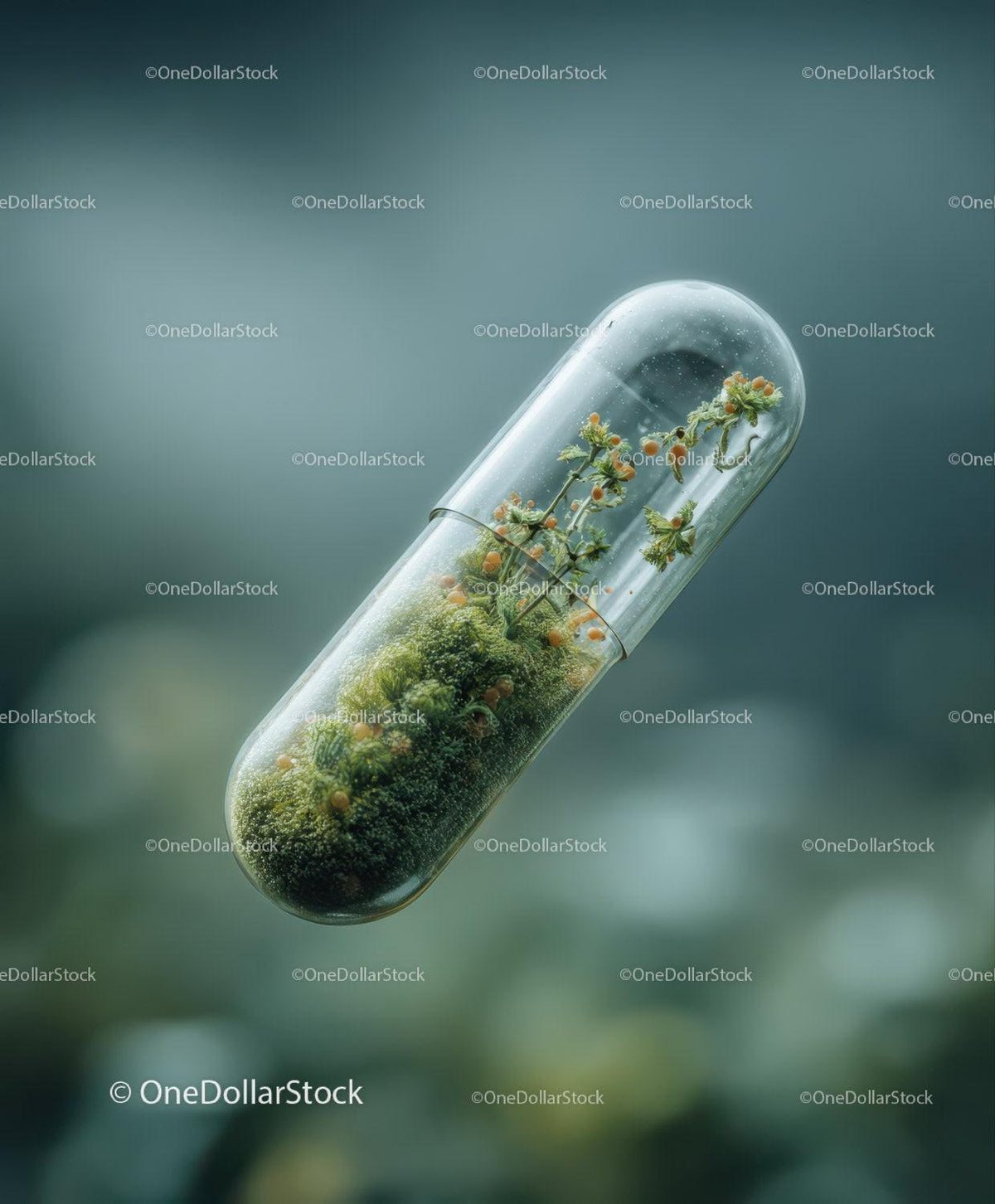 Clear transparent pill capsule with green moss and small orange flowering plant inside