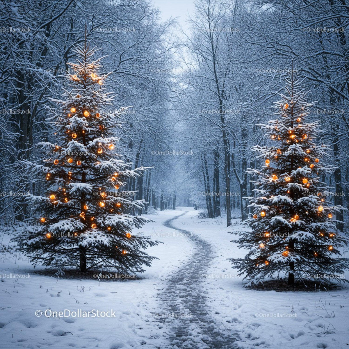 Snowy forest path with decorated glowing Christmas trees