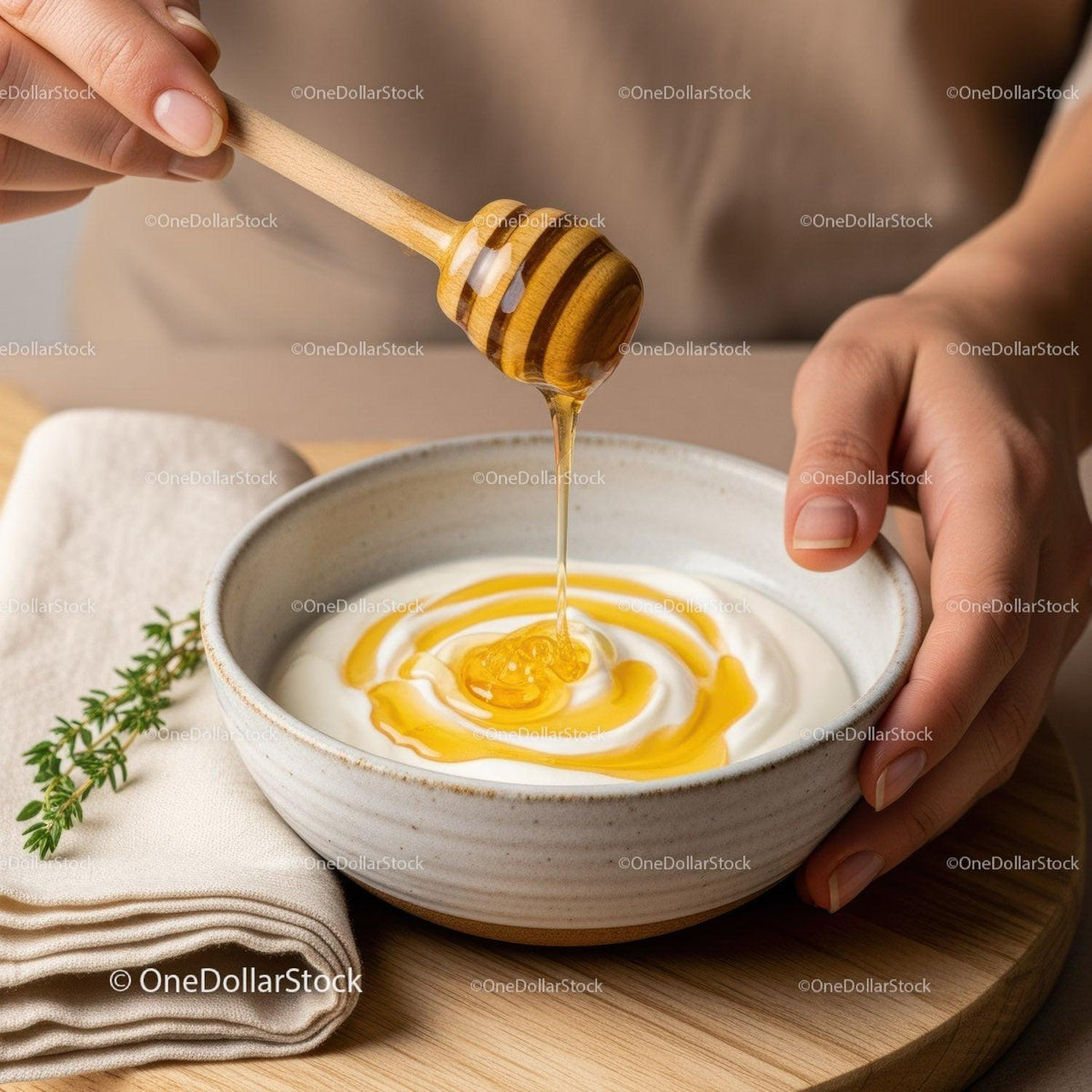 Close-up of Honey Dripping from Wooden Dip in Creamy Yogurt Bowl