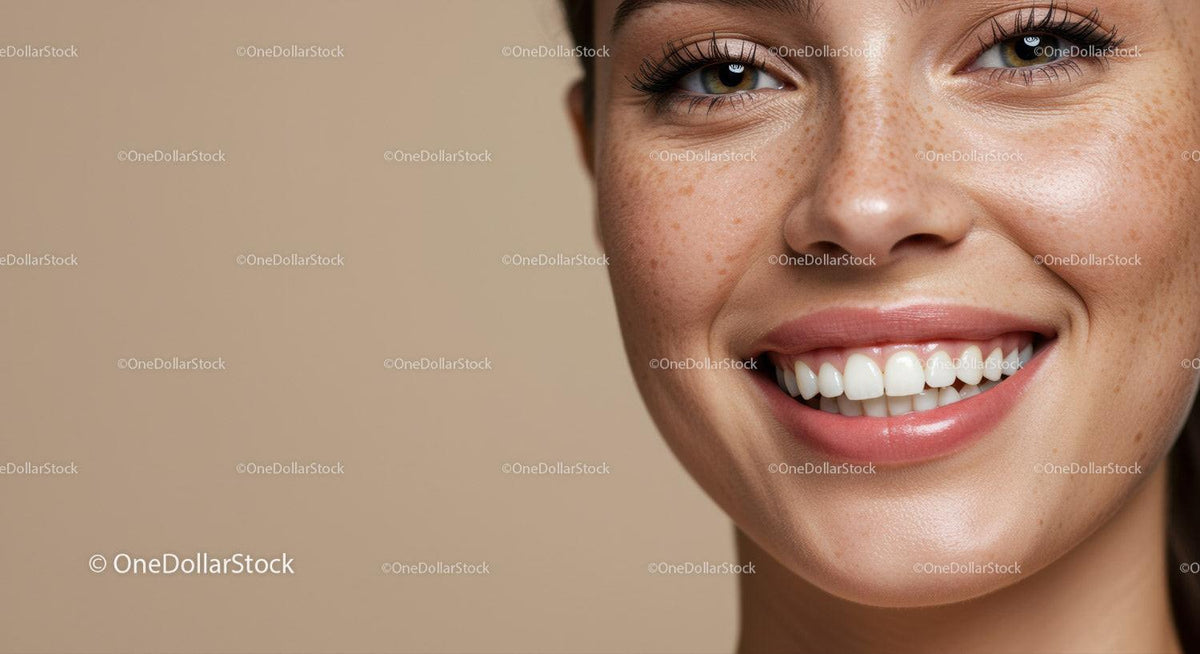 Close up of happy young woman with natural freckles smile
