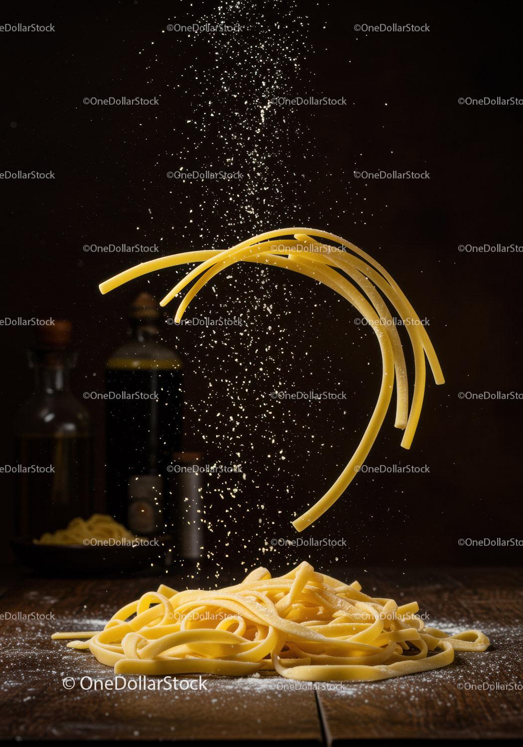 Raw fettuccine pasta with flour falling on wooden surface