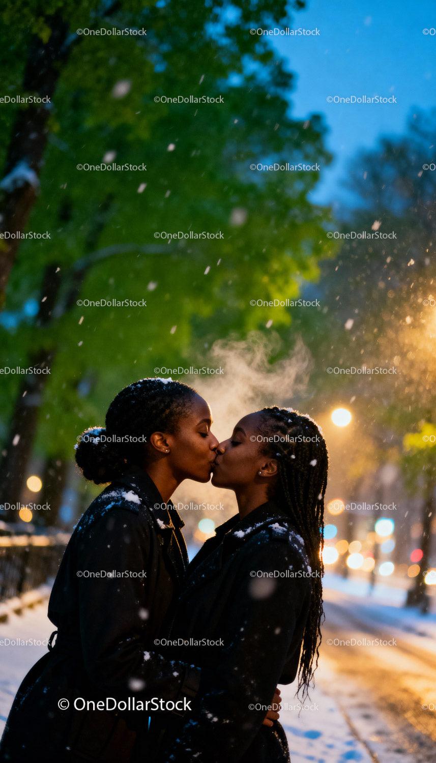 Affectionate LGBTQ Couple Sharing a Winter Kiss Outdoors