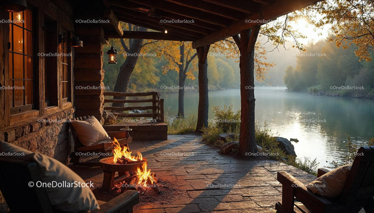 Rustic Lakeside Cabin Porch with Firepit and Autumn Foliage