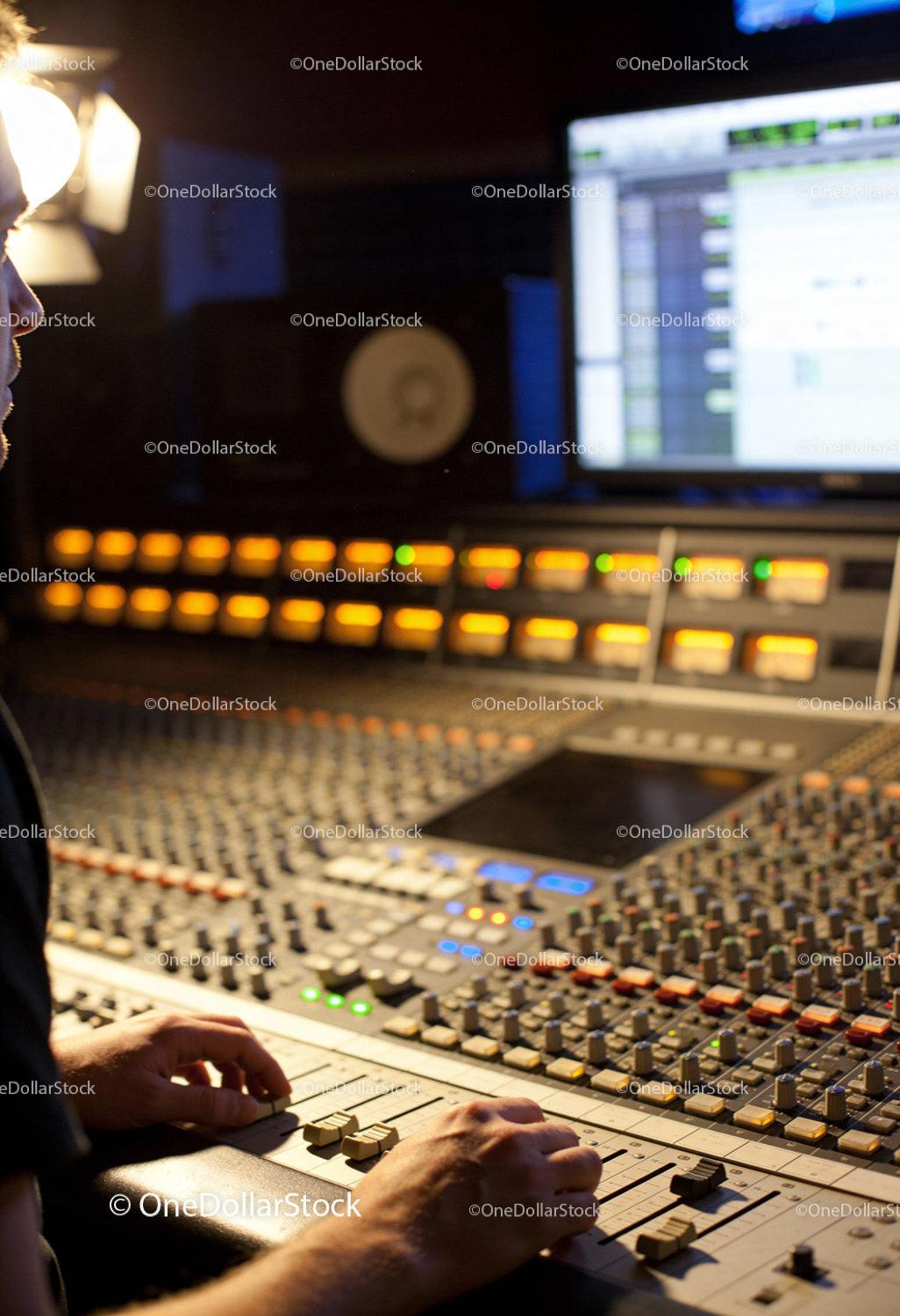Audio Engineer Adjusting Sound Levels in Recording Studio