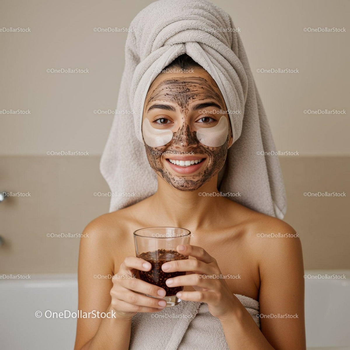 Young Woman Enjoying Facial Mask Treatment with Towel Wrap