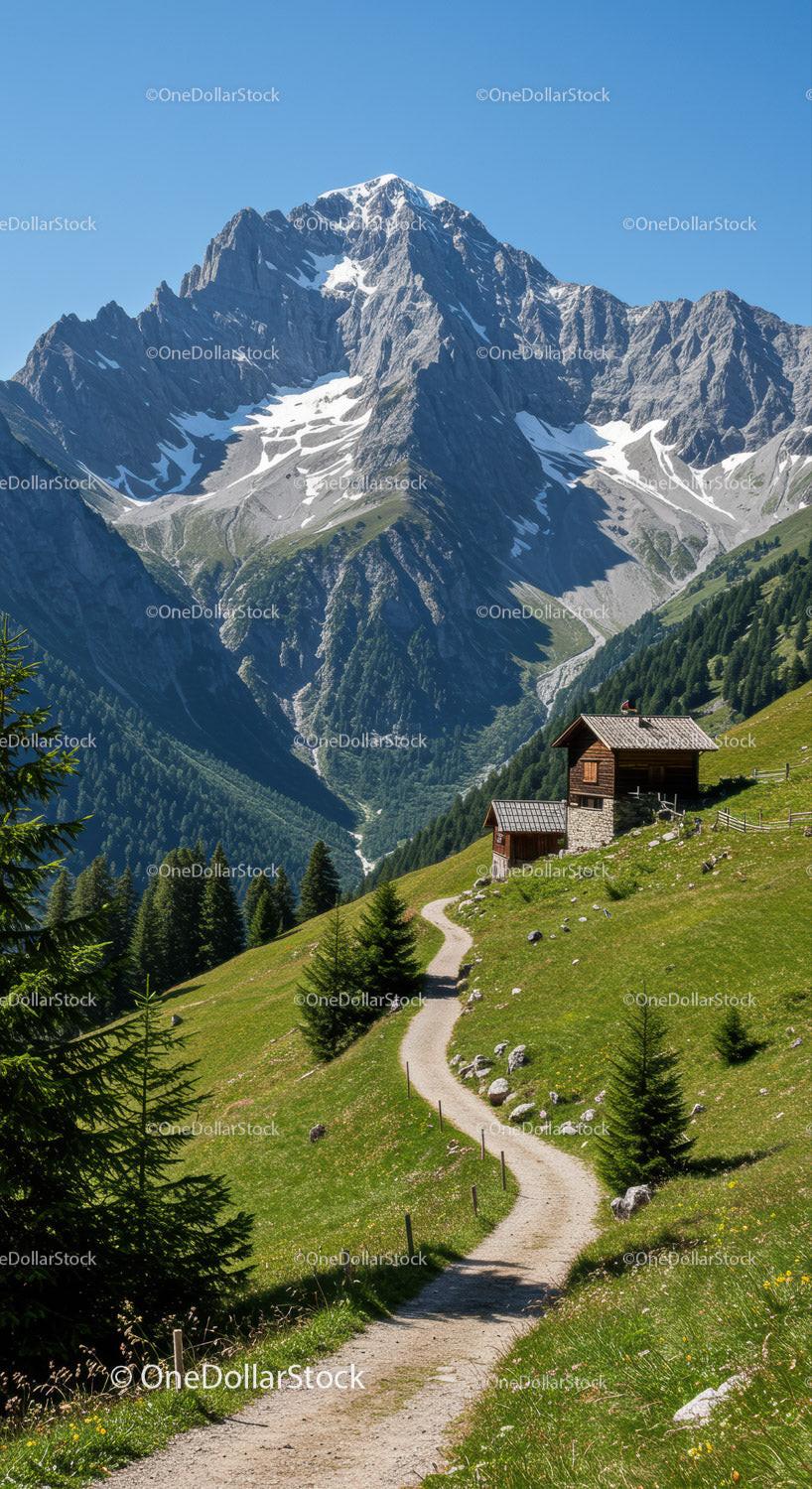 Scenic Mountain Landscape with Snow-Capped Peaks and Green Meadows