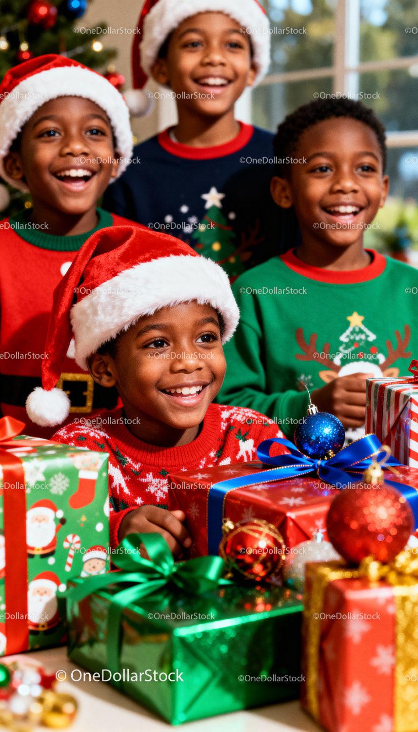 Smiling Children Celebrating Christmas with Gifts