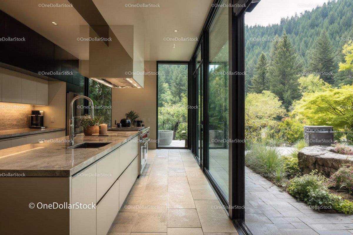 Modern Kitchen with Scenic Mountain View and Bright Interior