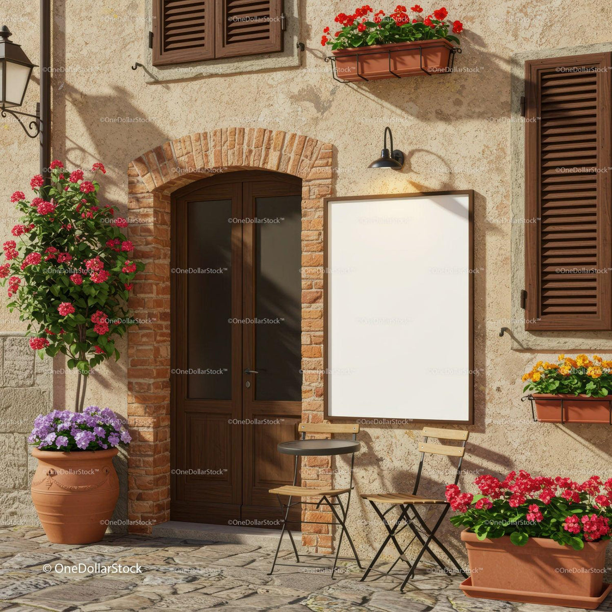 Cozy Mediterranean outdoor cafe entrance with flowers JPG Mockup Image preview