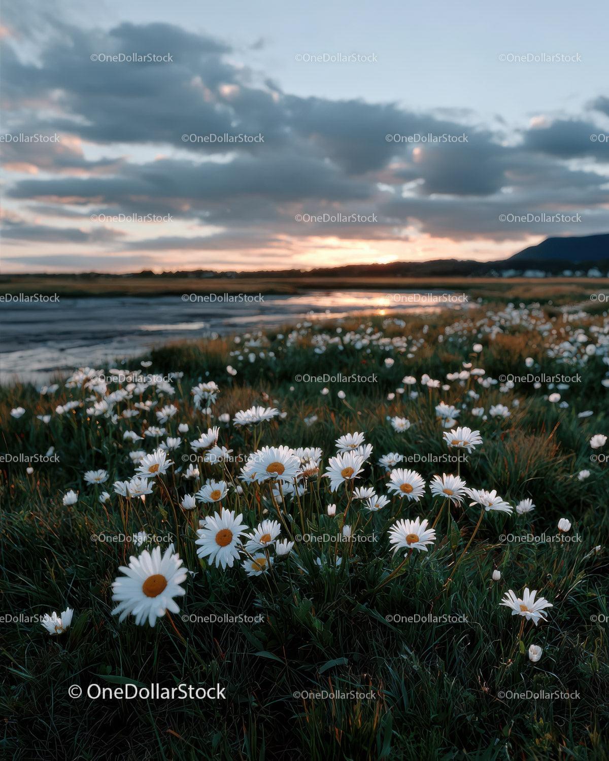 Wild Daisies Blooming in Meadow at Sunset Sky Stock Photo Bundle preview 15